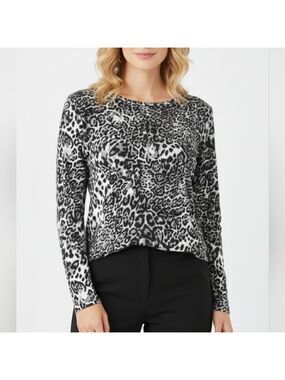 Casa Donna Grey Black Leppard Print Long Sleeve Top Size Large NWT